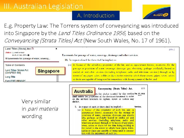 III. Australian Legislation A. Introduction E. g. Property Law: The Torrens system of conveyancing