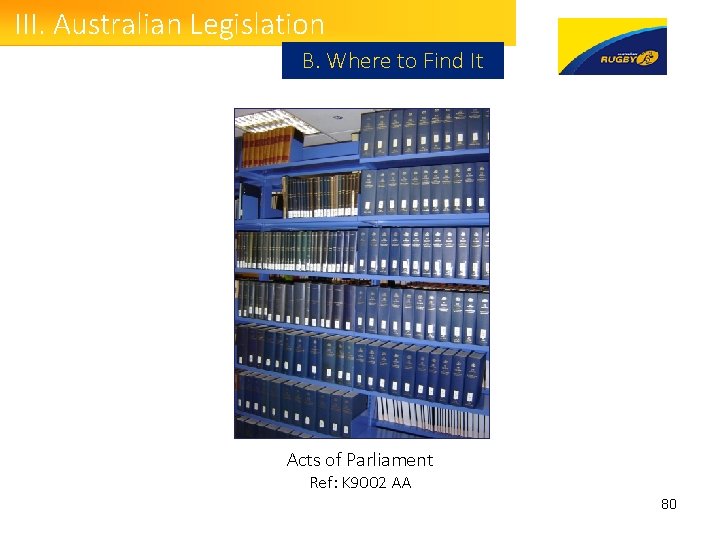 III. Australian Legislation B. Where to Find It Acts of Parliament Ref: K 9002
