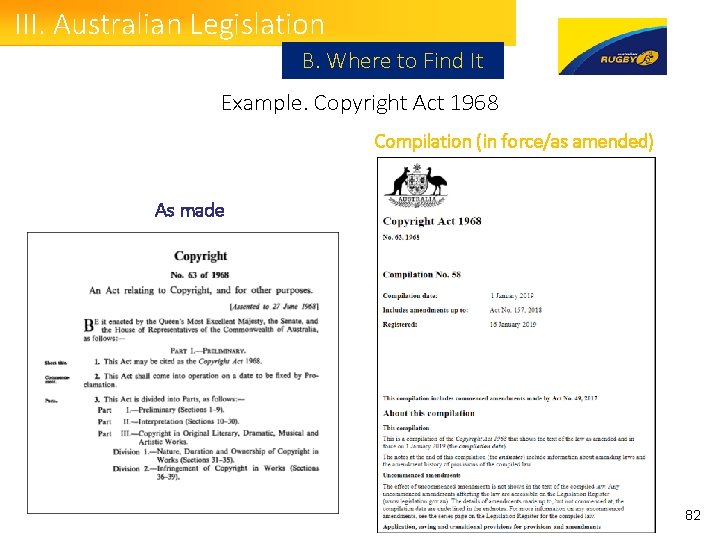 III. Australian Legislation B. Where to Find It Example. Copyright Act 1968 Compilation (in