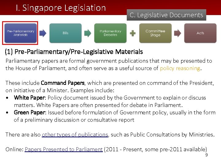 I. Singapore Legislation C. Legislative Documents (1) Pre-Parliamentary/Pre-Legislative Materials Parliamentary papers are formal government