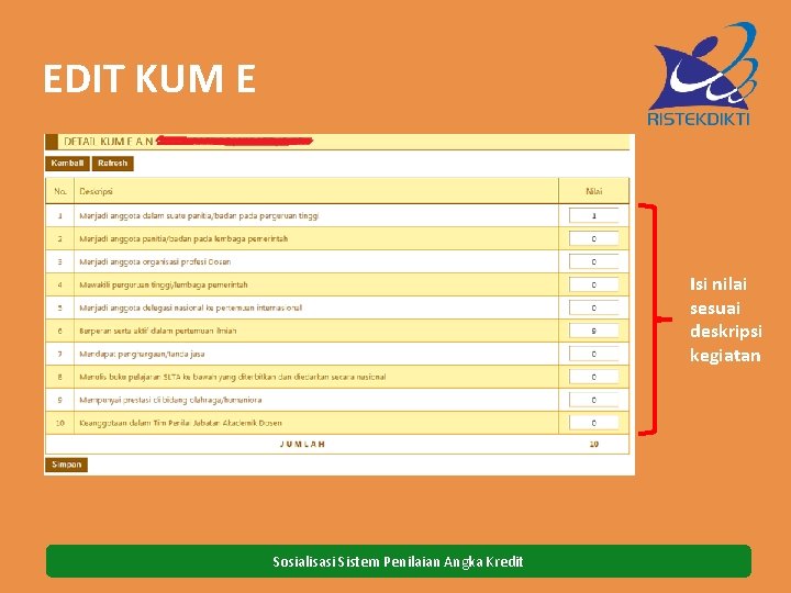 EDIT KUM E Isi nilai sesuai deskripsi kegiatan Sosialisasi Sistem Penilaian Angka Kredit 