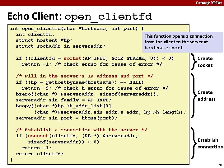 Carnegie Mellon Echo Client: open_clientfd int open_clientfd(char *hostname, int port) { int clientfd; This