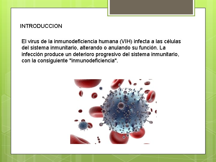 INTRODUCCION El virus de la inmunodeficiencia humana (VIH) infecta a las células del sistema