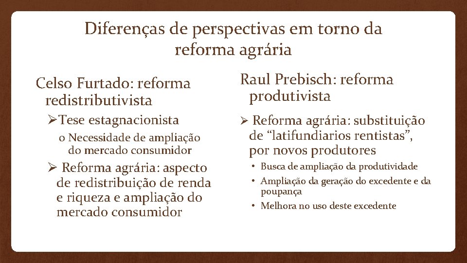 Diferenças de perspectivas em torno da reforma agrária Celso Furtado: reforma redistributivista ØTese estagnacionista