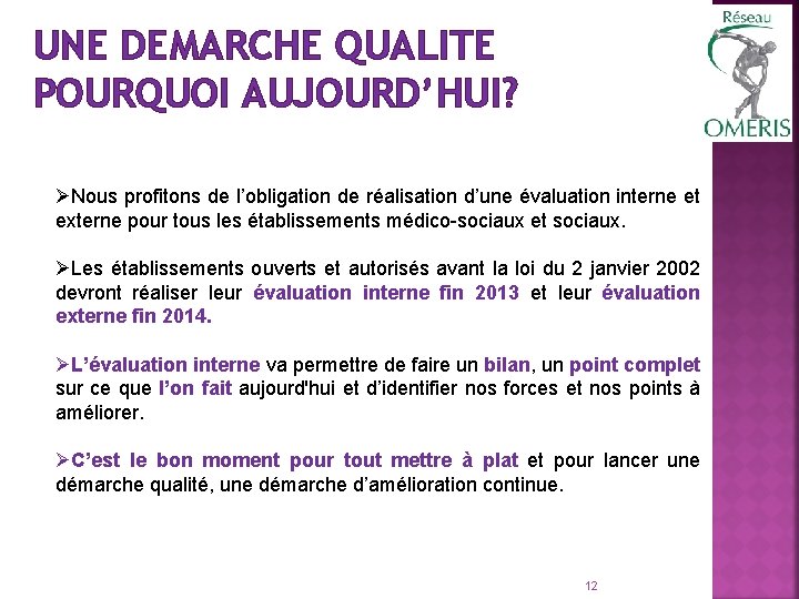 UNE DEMARCHE QUALITE POURQUOI AUJOURD’HUI? ØNous profitons de l’obligation de réalisation d’une évaluation interne