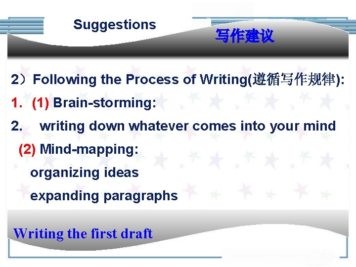 Suggestions 写作建议 2）Following the Process of Writing(遵循写作规律): 1. (1) Brain-storming: 2. writing down whatever