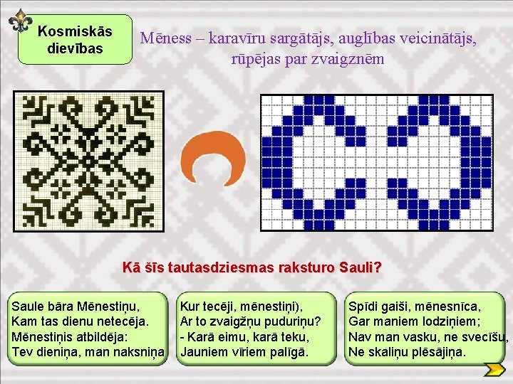 Kosmiskās dievības Mēness – karavīru sargātājs, auglības veicinātājs, rūpējas par zvaigznēm Kā šīs tautasdziesmas