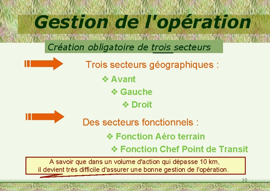 Gestion de l'opération Création obligatoire de trois secteurs Trois secteurs géographiques : v Avant