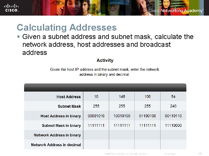 Calculating Addresses § Given a subnet address and subnet mask, calculate the network address,