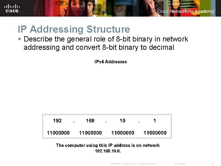 IP Addressing Structure § Describe the general role of 8 -bit binary in network