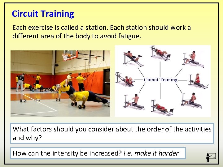 Circuit Training Each exercise is called a station. Each station should work a different