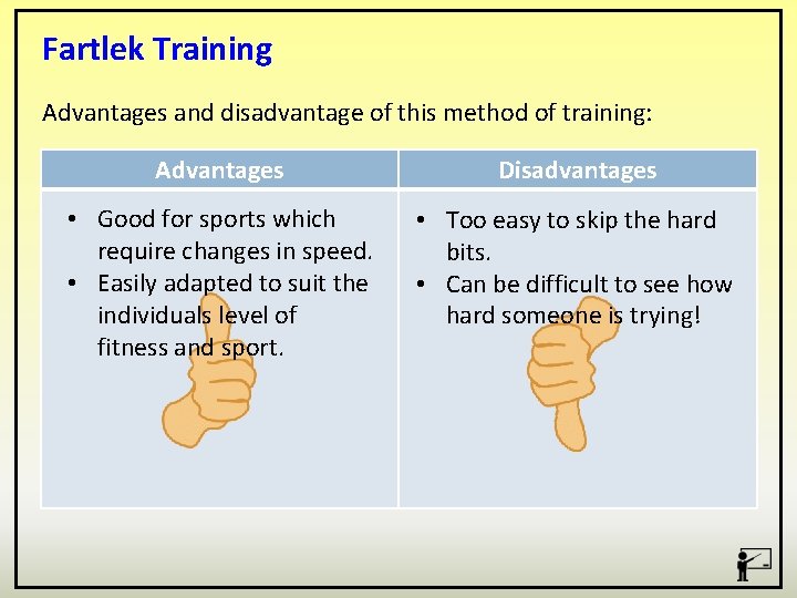 Fartlek Training Advantages and disadvantage of this method of training: Advantages Disadvantages • Good