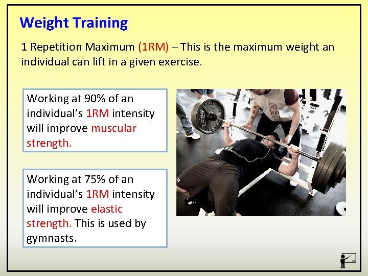 Weight Training 1 Repetition Maximum (1 RM) – This is the maximum weight an
