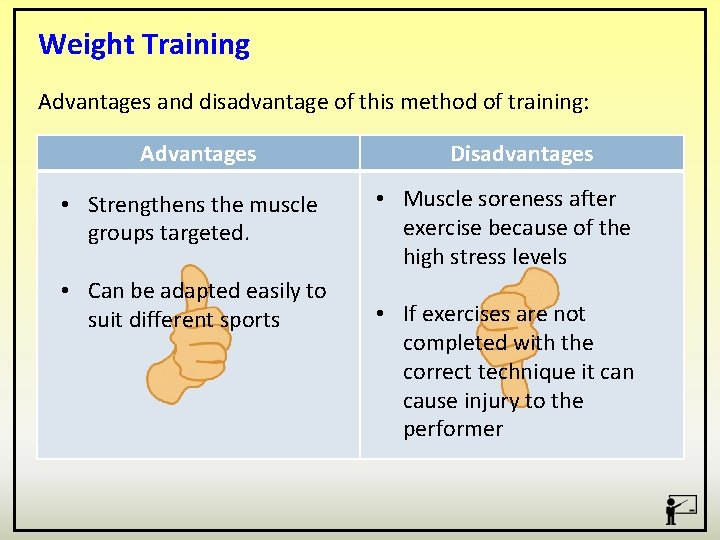 Weight Training Advantages and disadvantage of this method of training: Advantages • Strengthens the