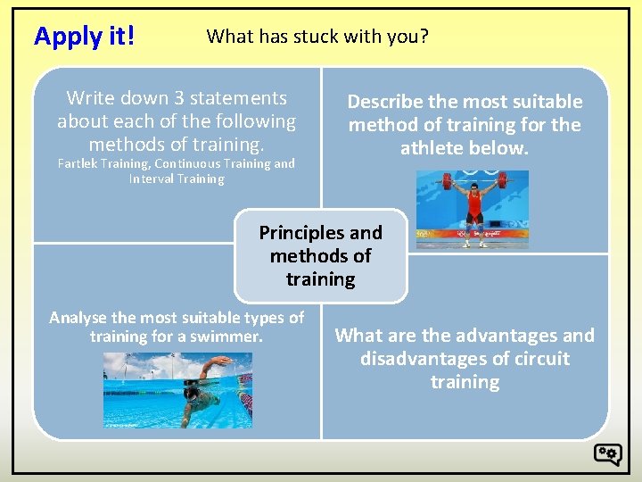 Apply it! What has stuck with you? Write down 3 statements about each of