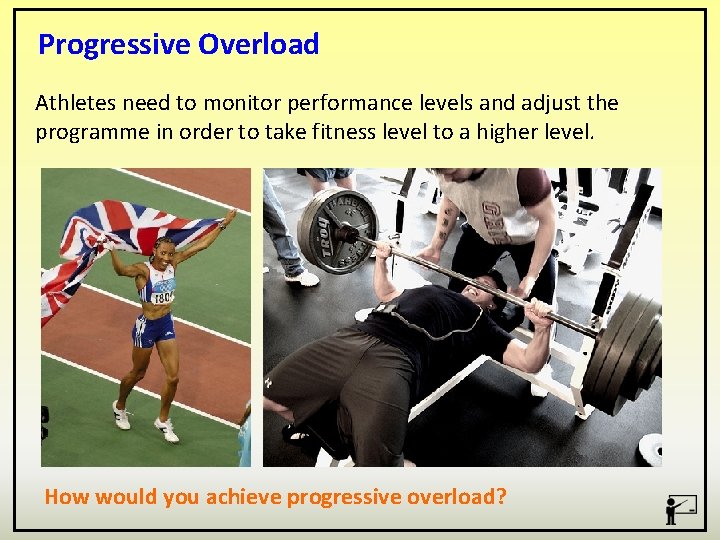 Progressive Overload Athletes need to monitor performance levels and adjust the programme in order