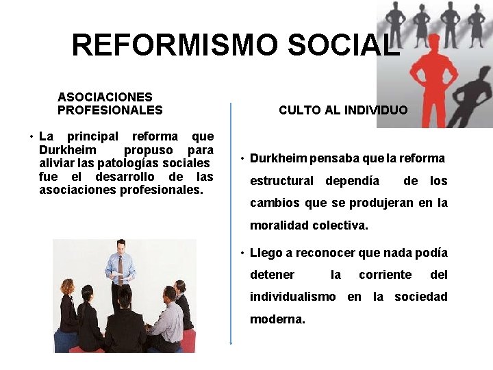 REFORMISMO SOCIAL ASOCIACIONES PROFESIONALES • La principal reforma que Durkheim propuso para aliviar las