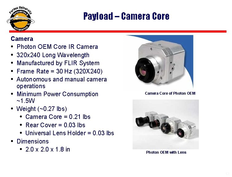 Payload – Camera Core Camera • Photon OEM Core IR Camera • 320 x