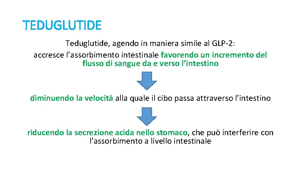 TEDUGLUTIDE Teduglutide, agendo in maniera simile al GLP-2: accresce l’assorbimento intestinale favorendo un incremento