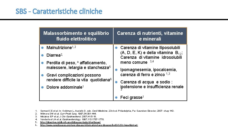SBS - Caratteristiche cliniche Malassorbimento e squilibrio fluido elettrolitico l Malnutrizione 1, 2 l