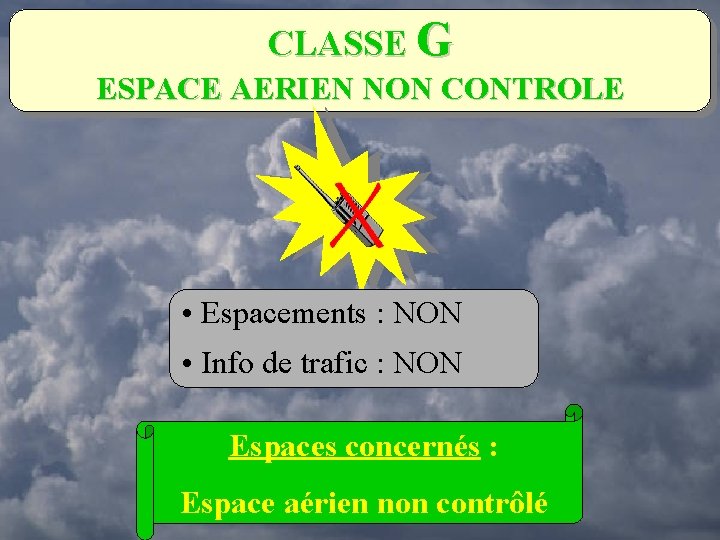 CLASSE G ESPACE AERIEN NON CONTROLE • Espacements : NON • Info de trafic