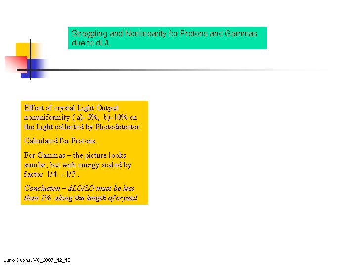 Straggling and Nonlinearity for Protons and Gammas due to d. L/L Effect of crystal