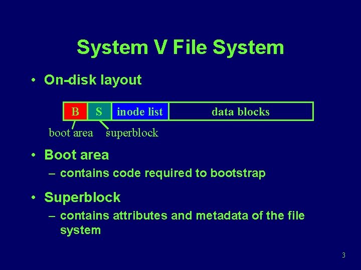 System V File System • On-disk layout B boot area S inode list data
