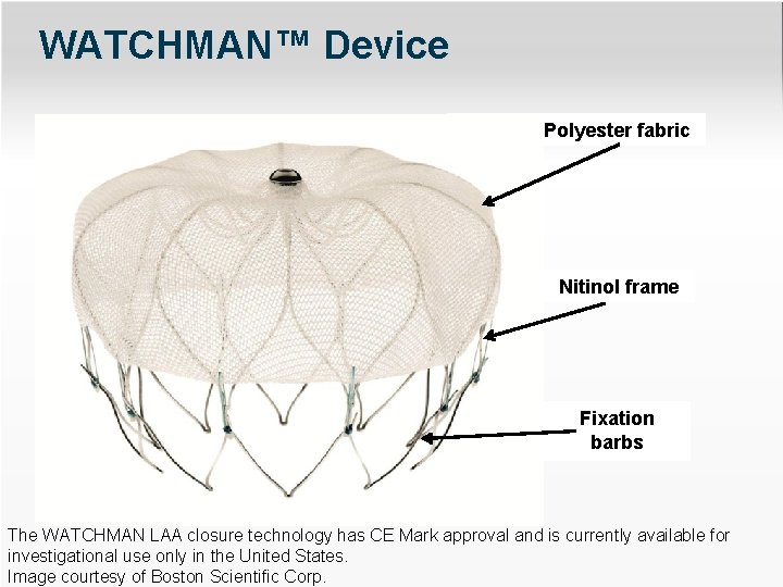 WATCHMAN™ Device Permeab Polyester fabric Nitinol frame Fixation barbs The WATCHMAN LAA closure technology
