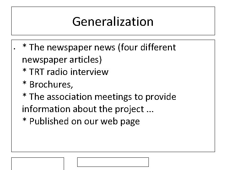 Generalization • * The newspaper news (four different newspaper articles) * TRT radio interview