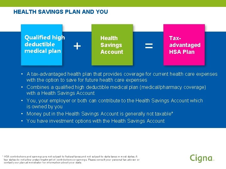 HEALTH SAVINGS PLAN AND YOU Qualified high deductible medical plan + Health Savings Account