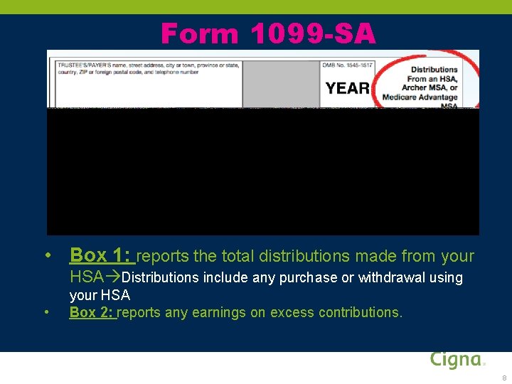 Form 1099 -SA • Box 1: reports the total distributions made from your HSA