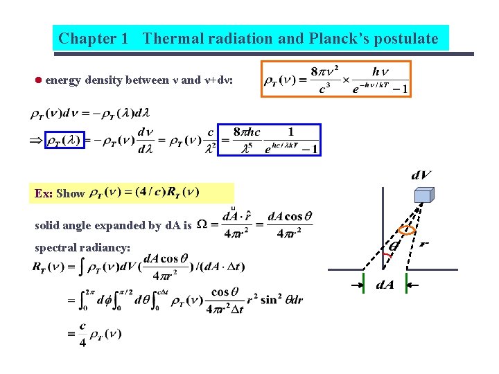 Chapter 1 Thermal radiation and Planck’s postulate l energy density between ν and ν+dν: