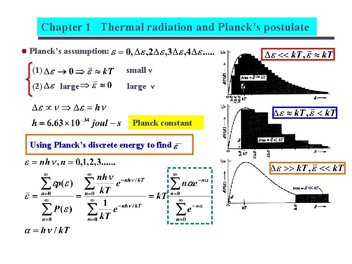 Chapter 1 Thermal radiation and Planck’s postulate l Planck’s assumption: (1) (2) small ν