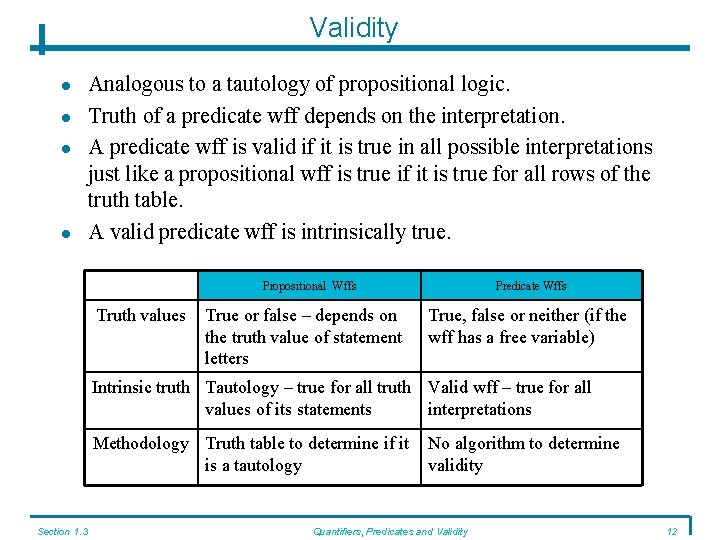 Validity Analogous to a tautology of propositional logic. Truth of a predicate wff depends
