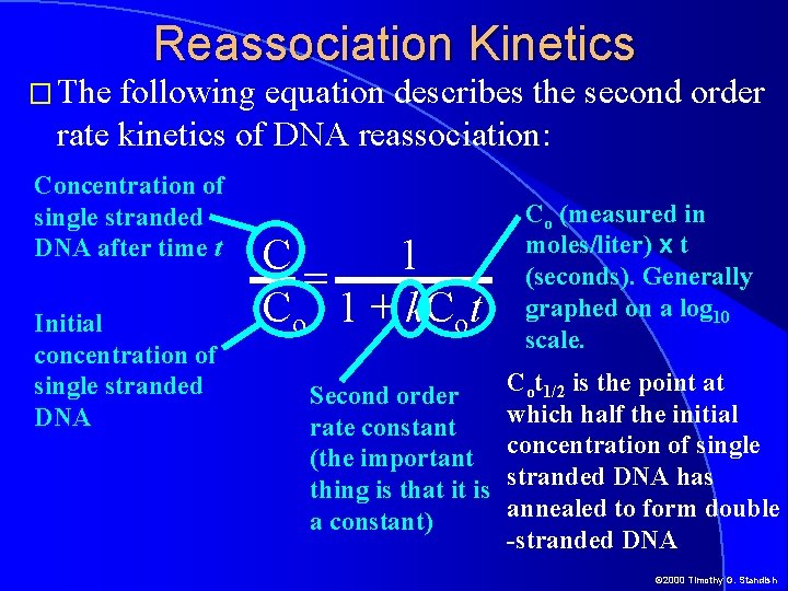 � The Reassociation Kinetics following equation describes the second order rate kinetics of DNA