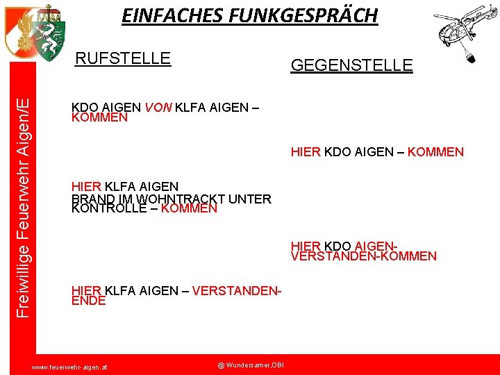 EINFACHES FUNKGESPRÄCH Freiwillige Feuerwehr Aigen/E RUFSTELLE GEGENSTELLE KDO AIGEN VON KLFA AIGEN – KOMMEN