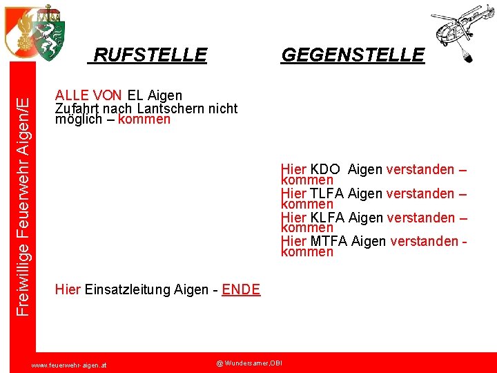 Freiwillige Feuerwehr Aigen/E RUFSTELLE GEGENSTELLE ALLE VON EL Aigen Zufahrt nach Lantschern nicht möglich