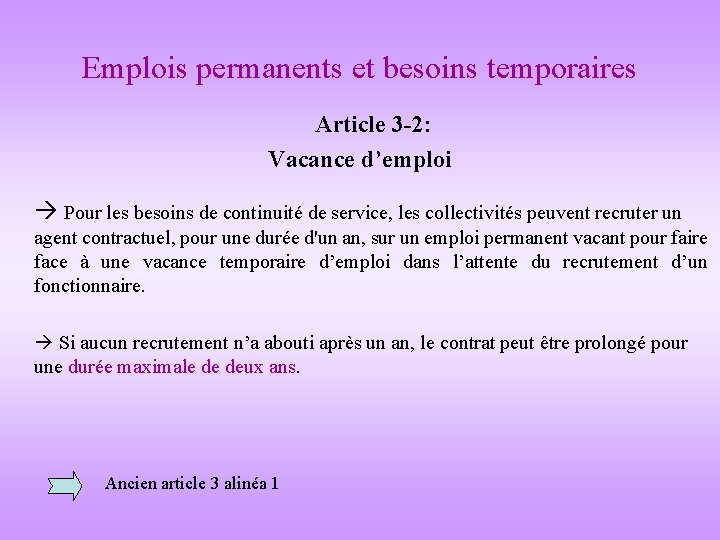 Emplois permanents et besoins temporaires Article 3 -2: Vacance d’emploi Pour les besoins de