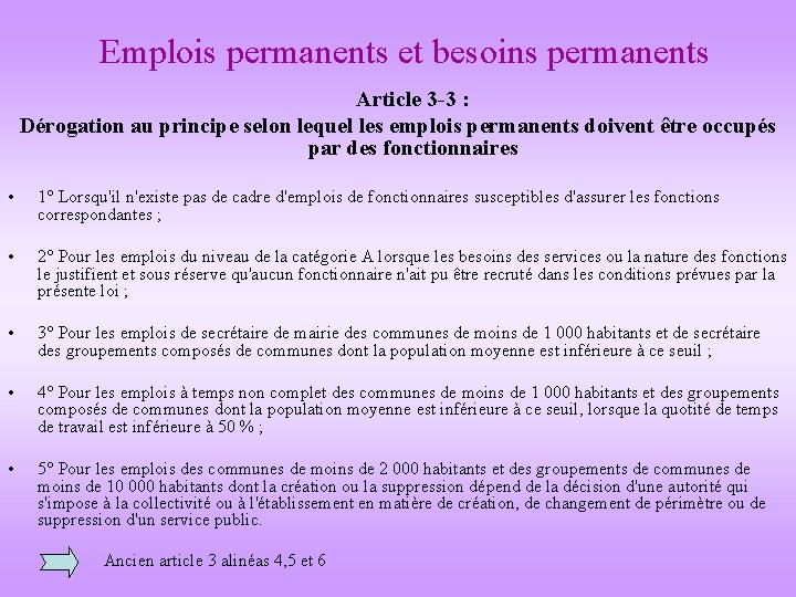 Emplois permanents et besoins permanents Article 3 -3 : Dérogation au principe selon lequel