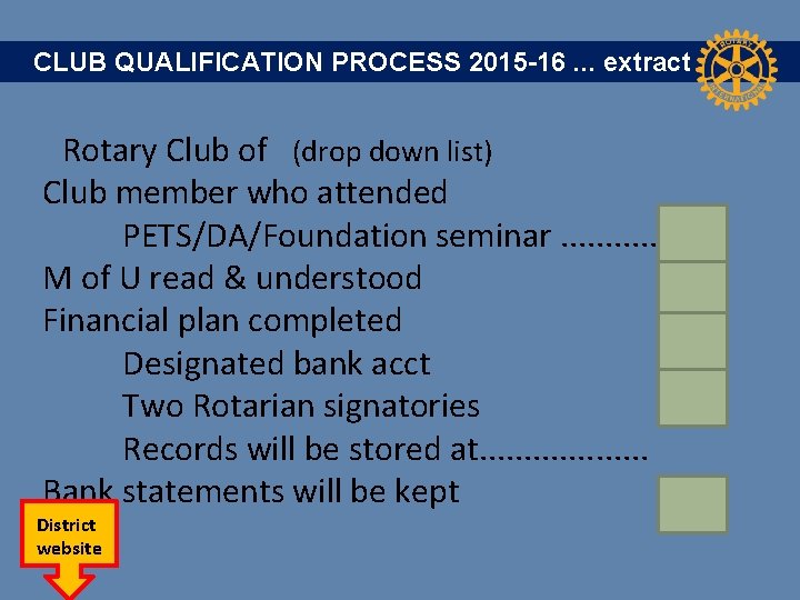  CLUB QUALIFICATION PROCESS 2015 -16. . . extract Rotary Club of (drop down
