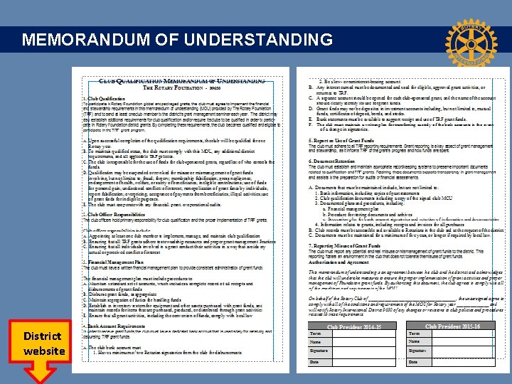  MEMORANDUM OF UNDERSTANDING District website 