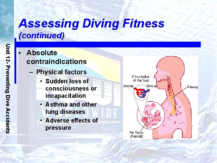 Assessing Diving Fitness (continued) Unit 12 - Preventing Dive Accidents • Absolute contraindications –