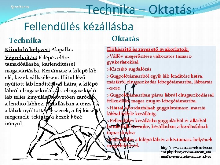 Sporttorna Technika – Oktatás: Fellendülés kézállásba Technika Kiinduló helyzet: Alapállás Végrehajtás: Kilépés előre támadóállásba,