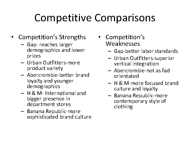 Competitive Comparisons • Competition’s Strengths – Gap- reaches larger demographics and lower prices –