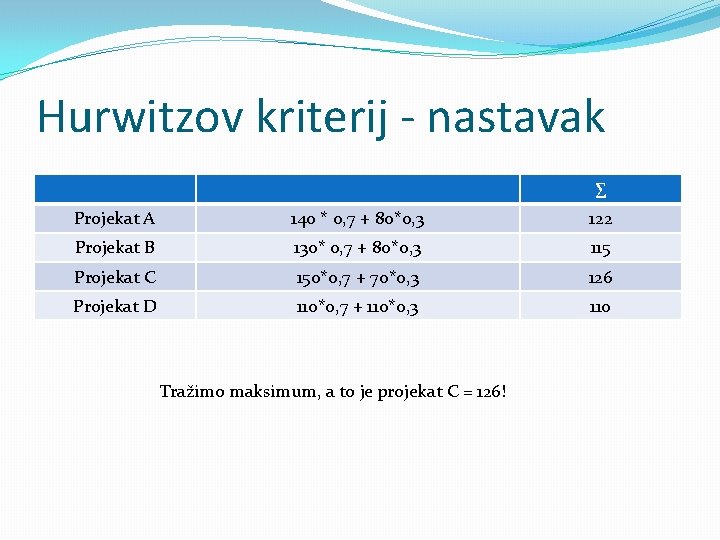 Hurwitzov kriterij - nastavak ∑ Projekat A 140 * 0, 7 + 80*0, 3