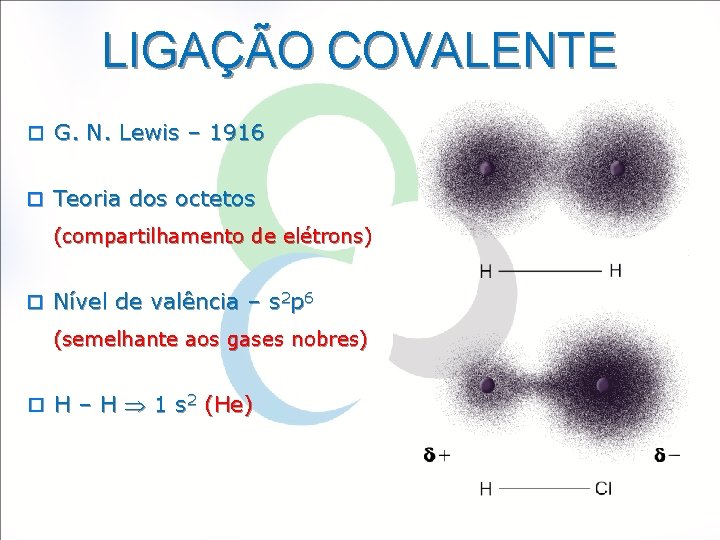 LIGAÇÃO COVALENTE o G. N. Lewis – 1916 o Teoria dos octetos (compartilhamento de