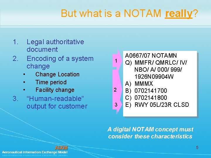 But what is a NOTAM really? 1. Legal authoritative document Encoding of a system