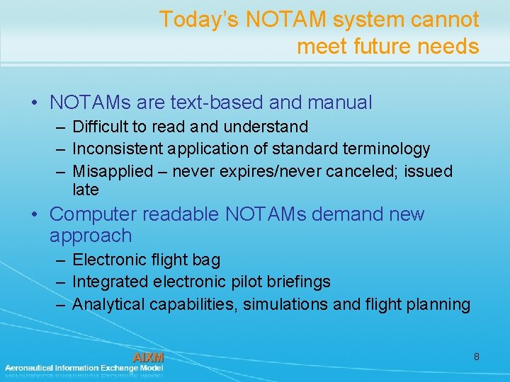 Today’s NOTAM system cannot meet future needs • NOTAMs are text-based and manual –