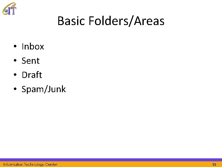 Basic Folders/Areas • • Inbox Sent Draft Spam/Junk 55 