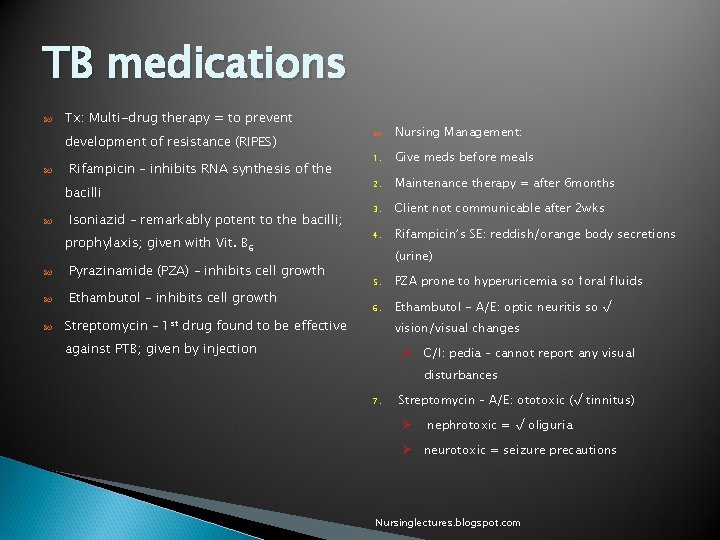 TB medications Tx: Multi-drug therapy = to prevent development of resistance (RIPES) Rifampicin –